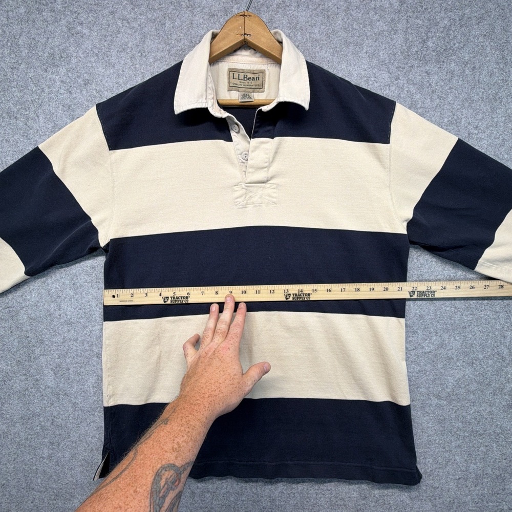 Vintage LL Bean Rugby Shirt Mens Medium Navy Blue Cream Striped Long Sleeve - Picture 4 of 7